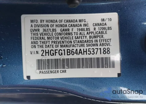 2010 Honda Civic Lx from USA, damaged, VIN 2HGFG1B64AH537188
